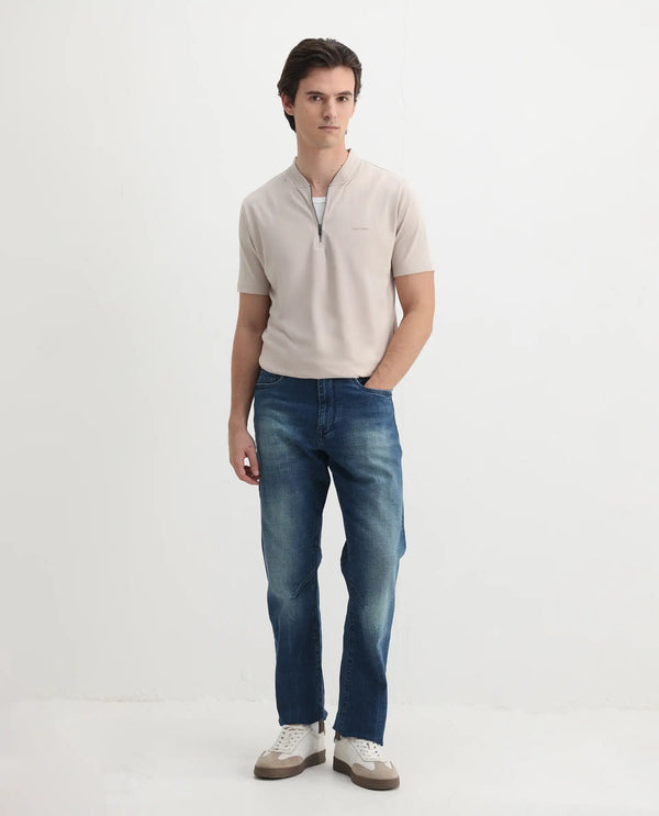 Rare Rabbit Men Veno Light Beige Cotton Blend Fabric Short Sleeve Mandarin Collar Plain Polo