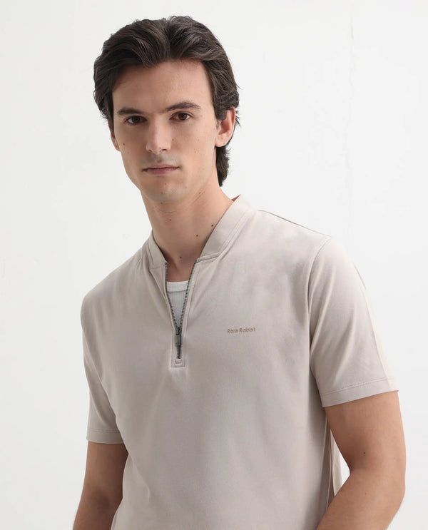 Rare Rabbit Men Veno Light Beige Cotton Blend Fabric Short Sleeve Mandarin Collar Plain Polo