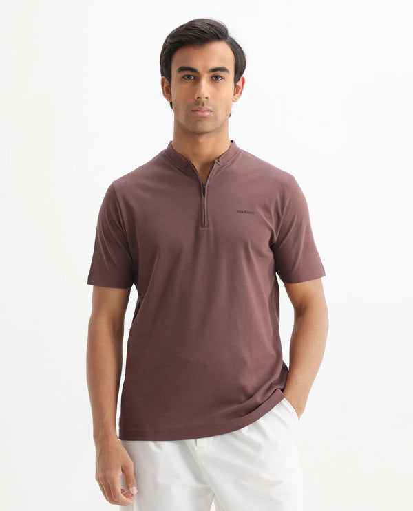Rare Rabbit Men Veno Brown Cotton Blend Fabric Short Sleeve Mandarin Collar Plain Polo