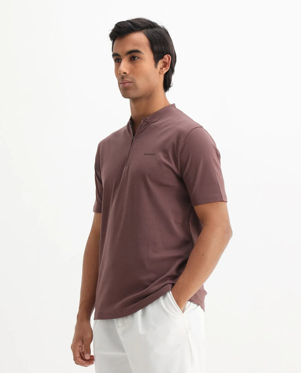 Rare Rabbit Men Veno Brown Cotton Blend Fabric Short Sleeve Mandarin Collar Plain Polo