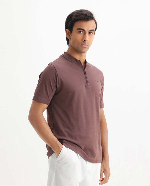 Rare Rabbit Men Veno Brown Cotton Blend Fabric Short Sleeve Mandarin Collar Plain Polo