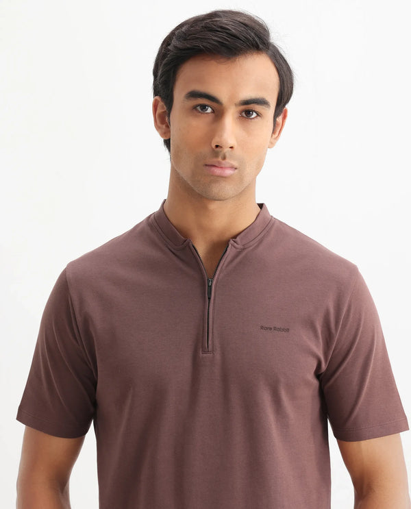 Rare Rabbit Men Veno Brown Cotton Blend Fabric Short Sleeve Mandarin Collar Plain Polo