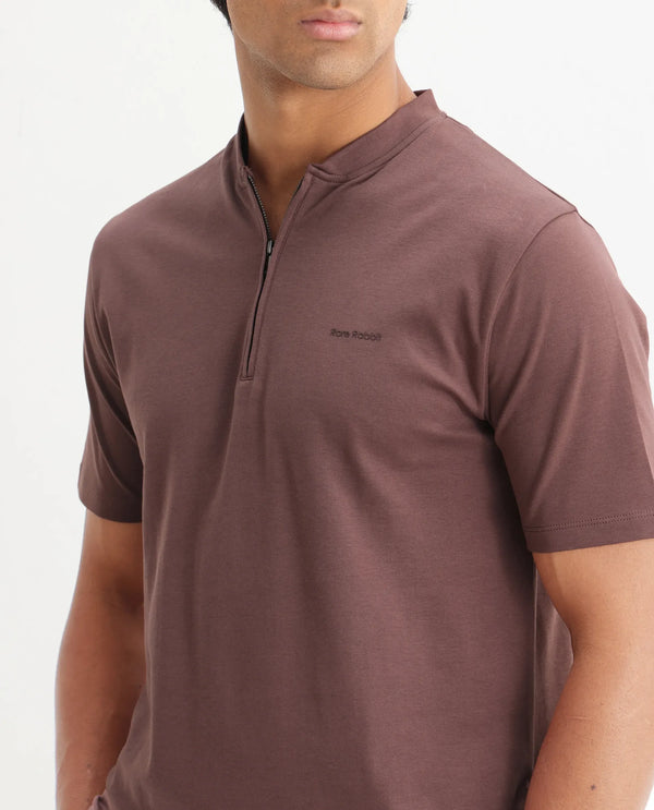 Rare Rabbit Men Veno Brown Cotton Blend Fabric Short Sleeve Mandarin Collar Plain Polo