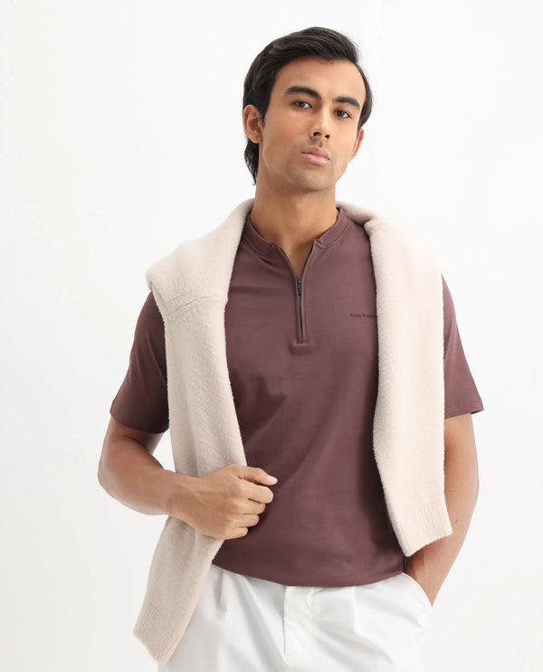 Rare Rabbit Men Veno Brown Cotton Blend Fabric Short Sleeve Mandarin Collar Plain Polo