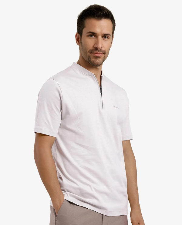 Rare Rabbit Men Veno Light Beige Cotton Blend Fabric Short Sleeve Mandarin Collar Plain Polo