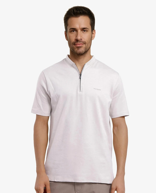 Rare Rabbit Men Veno Light Beige Cotton Blend Fabric Short Sleeve Mandarin Collar Plain Polo