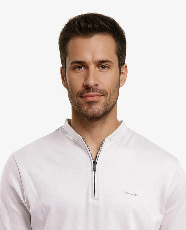Rare Rabbit Men Veno Light Beige Cotton Blend Fabric Short Sleeve Mandarin Collar Plain Polo