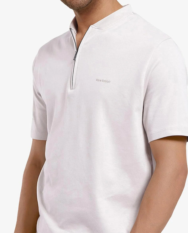 Rare Rabbit Men Veno Light Beige Cotton Blend Fabric Short Sleeve Mandarin Collar Plain Polo