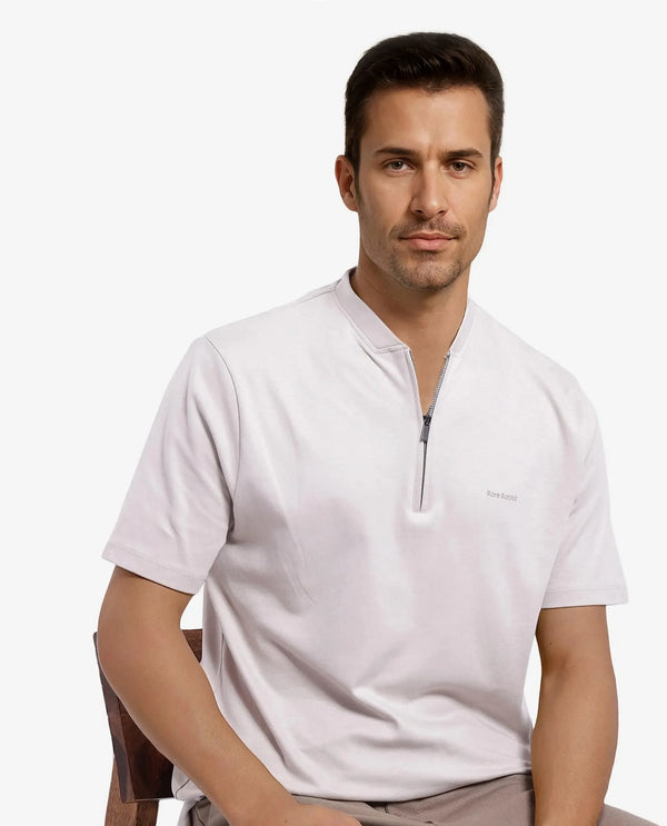 Rare Rabbit Men Veno Light Beige Cotton Blend Fabric Short Sleeve Mandarin Collar Plain Polo