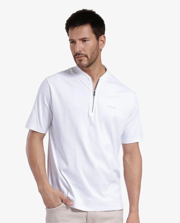 Rare Rabbit Men Veno White Cotton Blend Fabric Short Sleeve Mandarin Collar Plain Polo