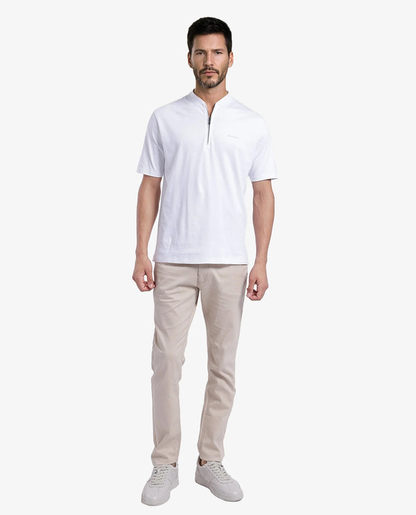 Rare Rabbit Men Veno White Cotton Blend Fabric Short Sleeve Mandarin Collar Plain Polo