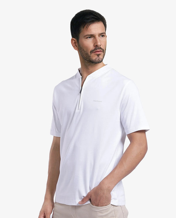 Rare Rabbit Men Veno White Cotton Blend Fabric Short Sleeve Mandarin Collar Plain Polo