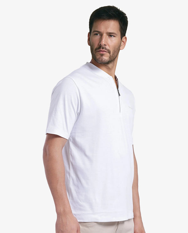 Rare Rabbit Men Veno White Cotton Blend Fabric Short Sleeve Mandarin Collar Plain Polo