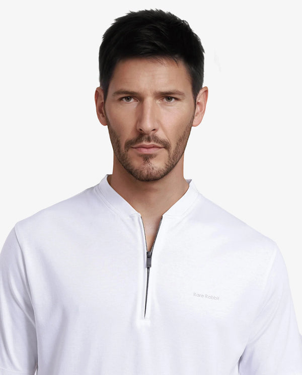 Rare Rabbit Men Veno White Cotton Blend Fabric Short Sleeve Mandarin Collar Plain Polo