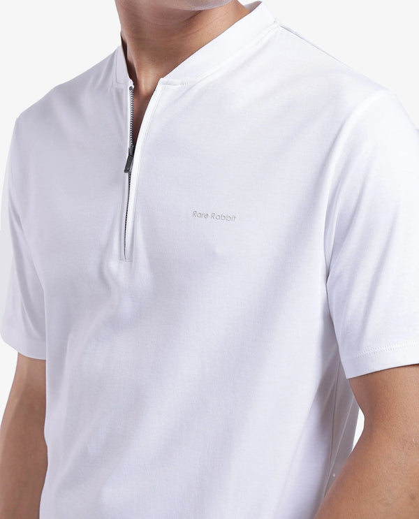 Rare Rabbit Men Veno White Cotton Blend Fabric Short Sleeve Mandarin Collar Plain Polo