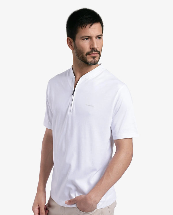 Rare Rabbit Men Veno White Cotton Blend Fabric Short Sleeve Mandarin Collar Plain Polo