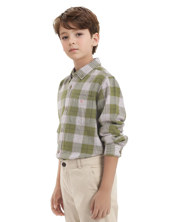 Rare Ones Kids Ver Olive Cotton Full Sleeves Button Down Regular Fit Checked Shirt