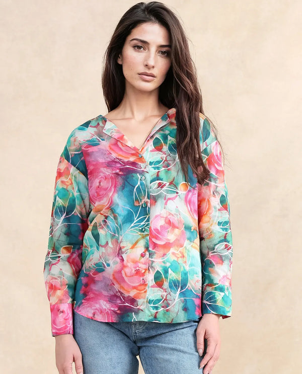 Rareism Women Verona Multi Cuffed Sleeve Mandarin Neck  Abstract Print Shirt