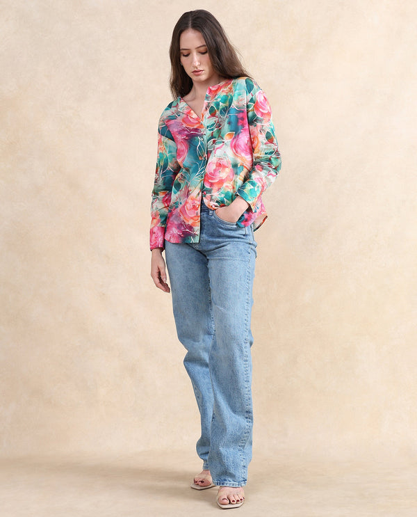Rareism Women Verona Multi Cuffed Sleeve Mandarin Neck  Abstract Print Shirt