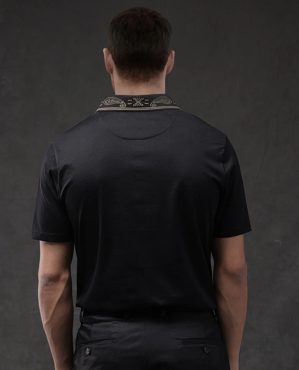 Rare Rabbit Men Vers Black Short Sleeve Collared Neck Button Closure Plain Polo
