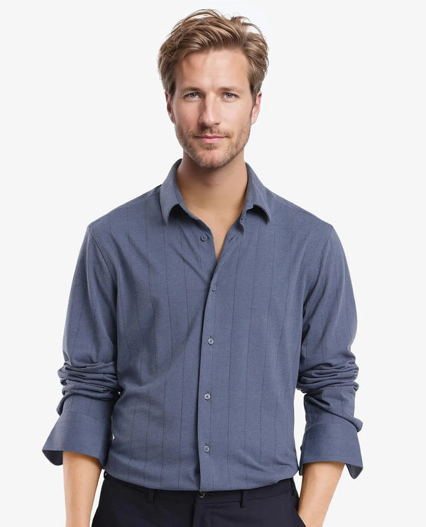Rare Rabbit Men Vert-3 Dusky Blue Cotton Fabric Full Sleeves Regular Fit Self Stripes Knit Shirt