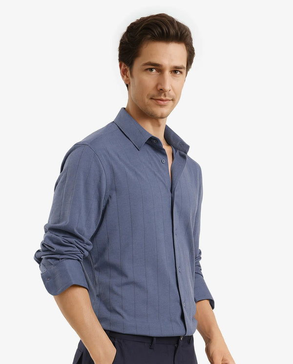 Rare Rabbit Men Vert-3 Dusky Blue Cotton Fabric Full Sleeves Regular Fit Self Stripes Knit Shirt