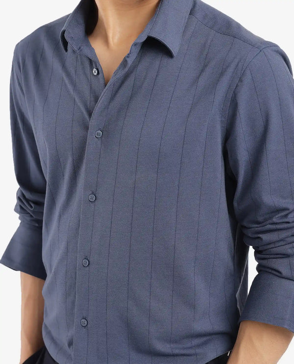 Rare Rabbit Men Vert-3 Dusky Blue Cotton Fabric Full Sleeves Regular Fit Self Stripes Knit Shirt