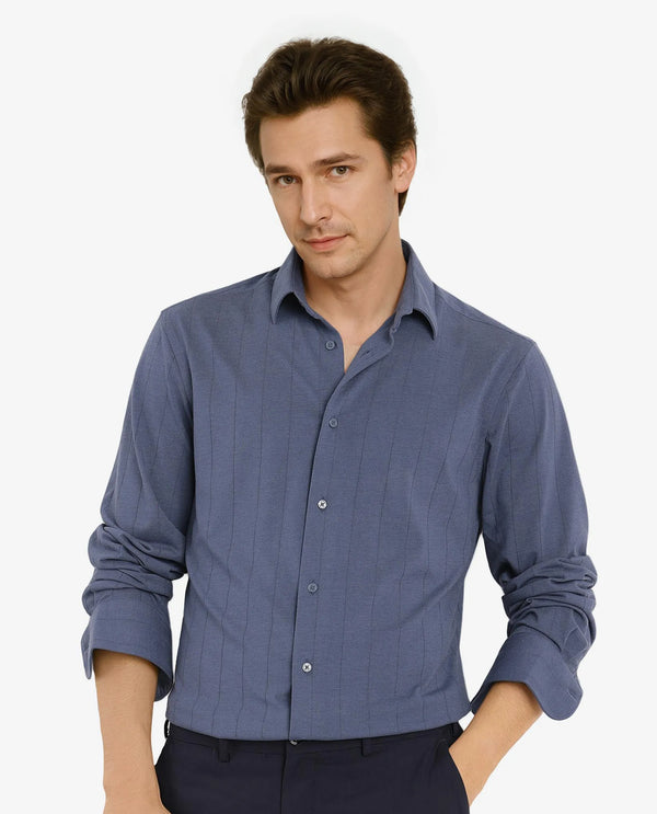 Rare Rabbit Men Vert-3 Dusky Blue Cotton Fabric Full Sleeves Regular Fit Self Stripes Knit Shirt