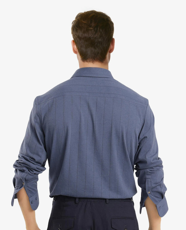 Rare Rabbit Men Vert-3 Dusky Blue Cotton Fabric Full Sleeves Regular Fit Self Stripes Knit Shirt