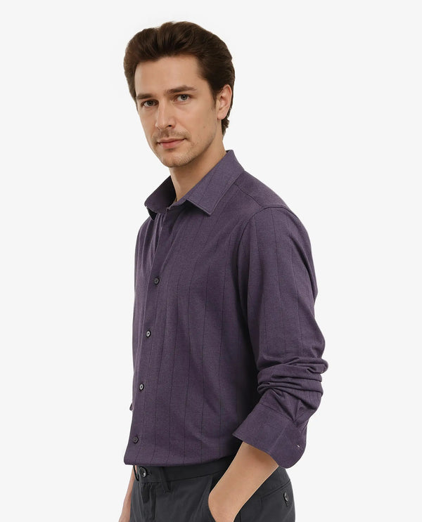Rare Rabbit Men Vert-3 Dusky Purple Cotton Fabric Half Sleeves Regular Fit Self Stripes Knit Shirt