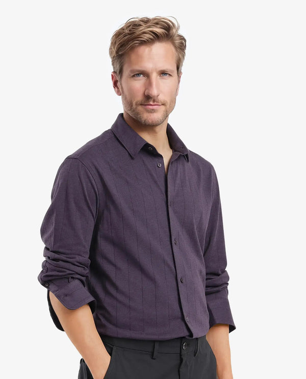 Rare Rabbit Men Vert-3 Dusky Purple Cotton Fabric Half Sleeves Regular Fit Self Stripes Knit Shirt