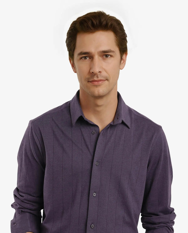 Rare Rabbit Men Vert-3 Dusky Purple Cotton Fabric Half Sleeves Regular Fit Self Stripes Knit Shirt