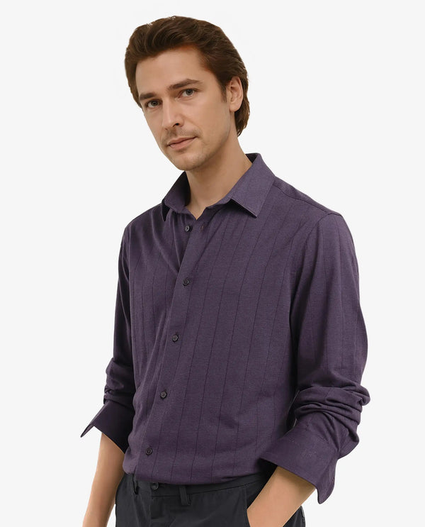 Rare Rabbit Men Vert-3 Dusky Purple Cotton Fabric Half Sleeves Regular Fit Self Stripes Knit Shirt