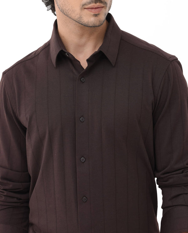 Rare Rabbit Mens Vert LS Dark Brown Cotton Fabric Full Sleeves Solid Self Stripe Shirt