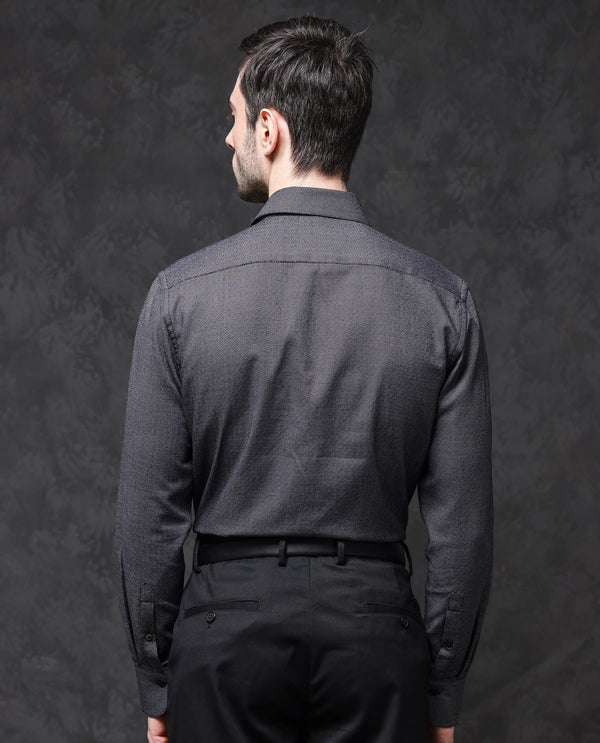 Rare Rabbit Mens Veslo Black Cotton Fabric Full Sleeves Jacquard Textured Geometric Pattern Shirt