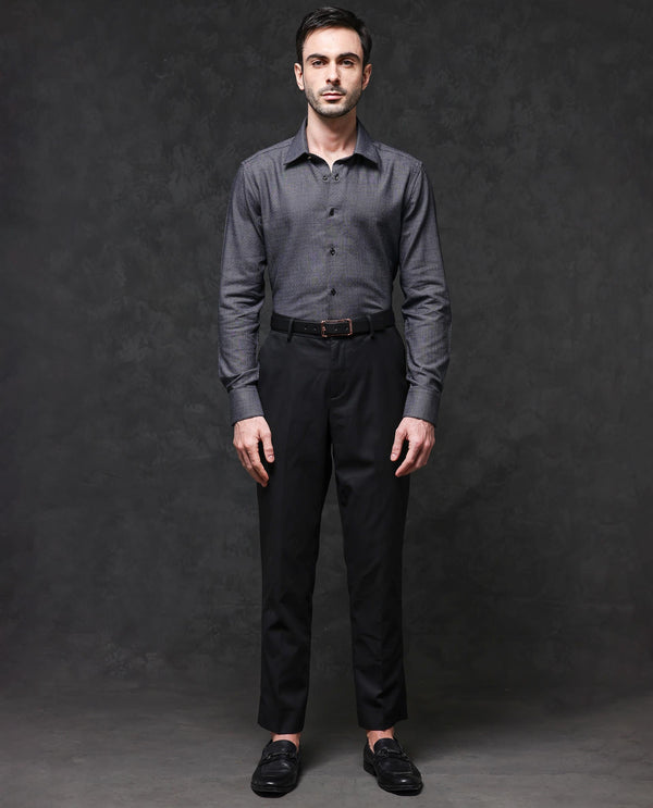 Rare Rabbit Mens Veslo Black Cotton Fabric Full Sleeves Jacquard Textured Geometric Pattern Shirt