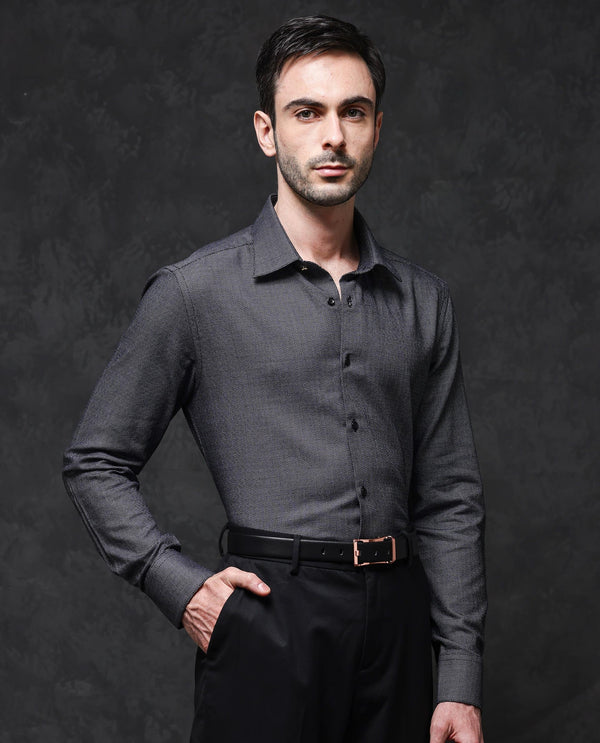 Rare Rabbit Mens Veslo Black Cotton Fabric Full Sleeves Jacquard Textured Geometric Pattern Shirt