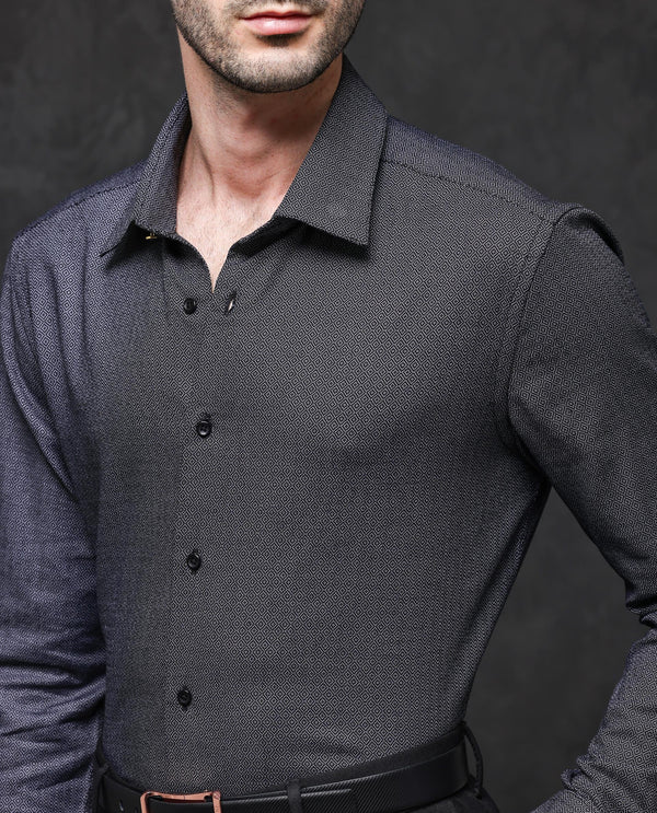 Rare Rabbit Mens Veslo Black Cotton Fabric Full Sleeves Jacquard Textured Geometric Pattern Shirt