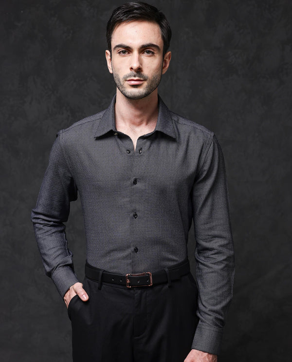 Rare Rabbit Mens Veslo Black Cotton Fabric Full Sleeves Jacquard Textured Geometric Pattern Shirt