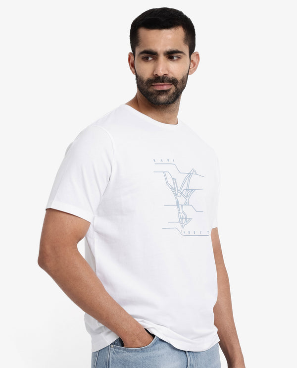 Rare Rabbit Men Vetos White Cotton Lycra Fabric Short Sleeve Crew Neck Regular Fit Logo Graphic Print T-Shirt