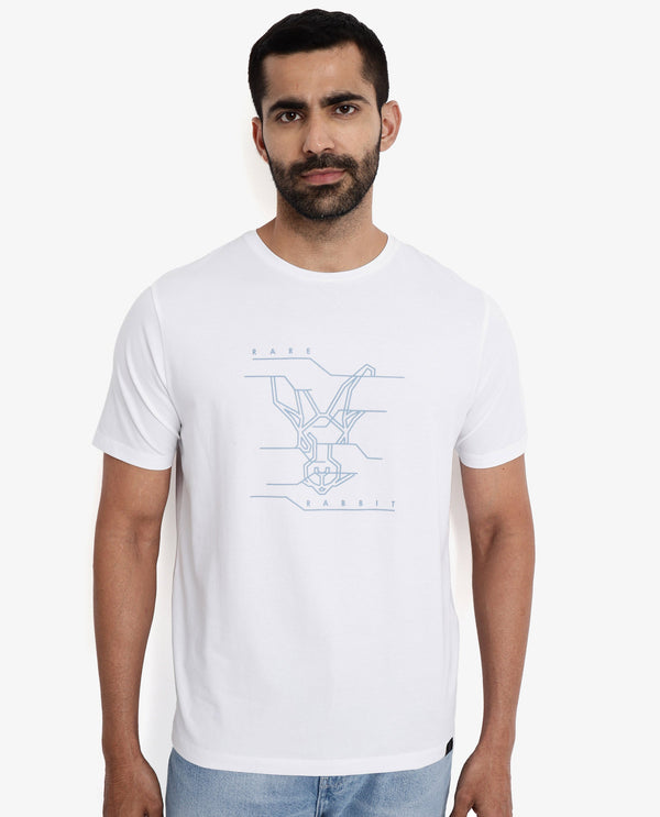 Rare Rabbit Men Vetos White Cotton Lycra Fabric Short Sleeve Crew Neck Regular Fit Logo Graphic Print T-Shirt