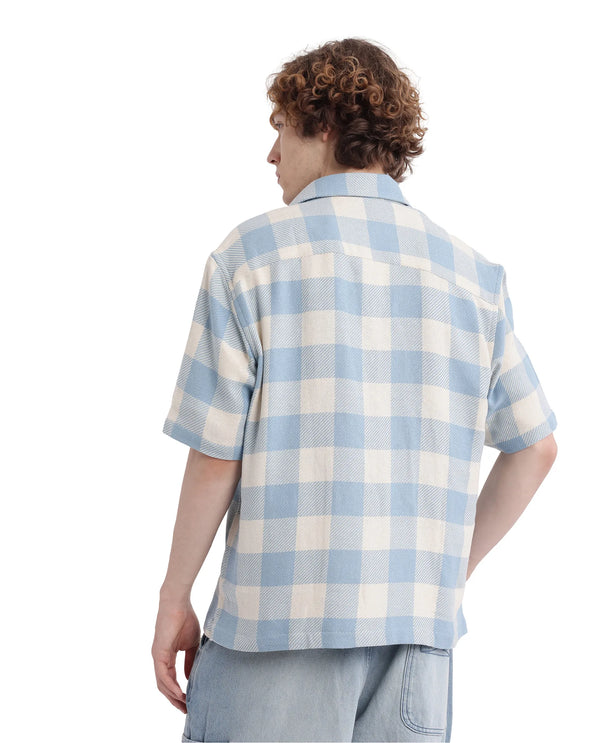 Rare Rabbit Men's Vexlum Light Blue Cotton Fabric Short Sleeve Regular Collared Button Closure Gingham Check Shirt