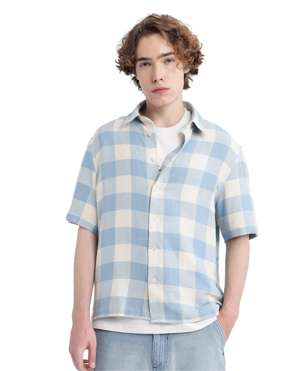 Rare Rabbit Men's Vexlum Light Blue Cotton Fabric Short Sleeve Regular Collared Button Closure Gingham Check Shirt