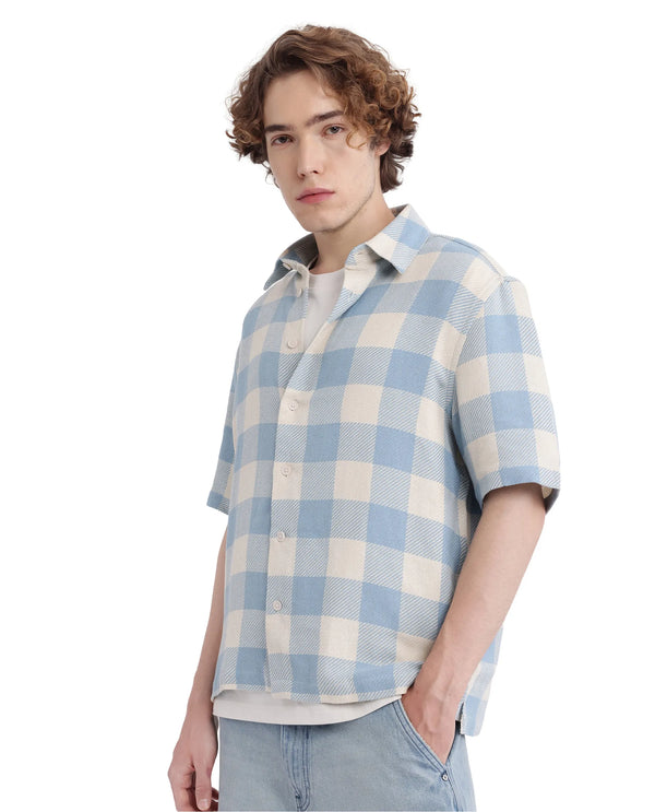 Rare Rabbit Men's Vexlum Light Blue Cotton Fabric Short Sleeve Regular Collared Button Closure Gingham Check Shirt