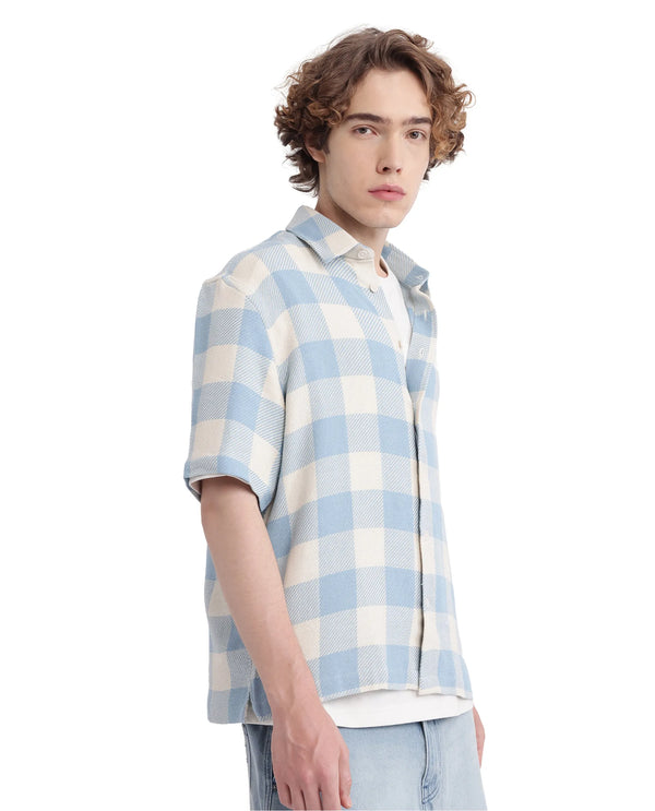 Rare Rabbit Men's Vexlum Light Blue Cotton Fabric Short Sleeve Regular Collared Button Closure Gingham Check Shirt