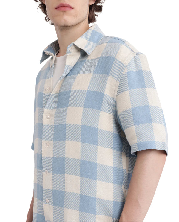 Rare Rabbit Men's Vexlum Light Blue Cotton Fabric Short Sleeve Regular Collared Button Closure Gingham Check Shirt