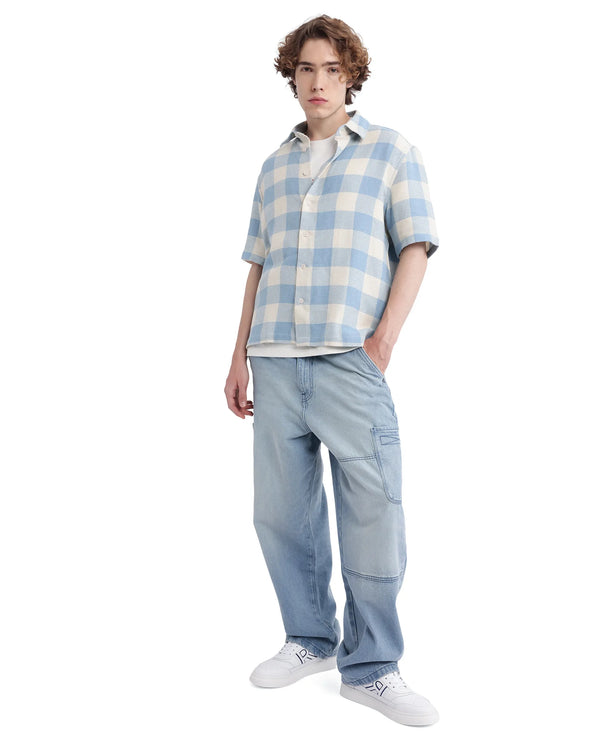 Rare Rabbit Men's Vexlum Light Blue Cotton Fabric Short Sleeve Regular Collared Button Closure Gingham Check Shirt
