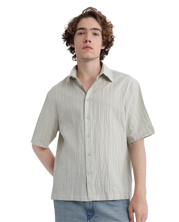 Rare Rabbit Men's Wexder Light Grey  Cotton Fabric Short Sleeve Collared Neck Button Closure Multicolor Printed Shirt