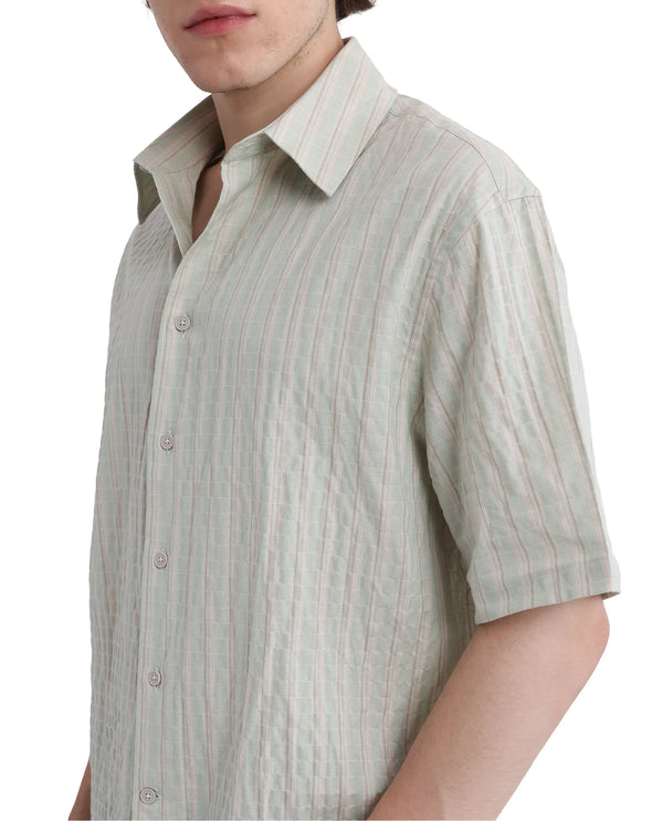 Rare Rabbit Men's Wexder Light Grey  Cotton Fabric Short Sleeve Collared Neck Button Closure Multicolor Printed Shirt