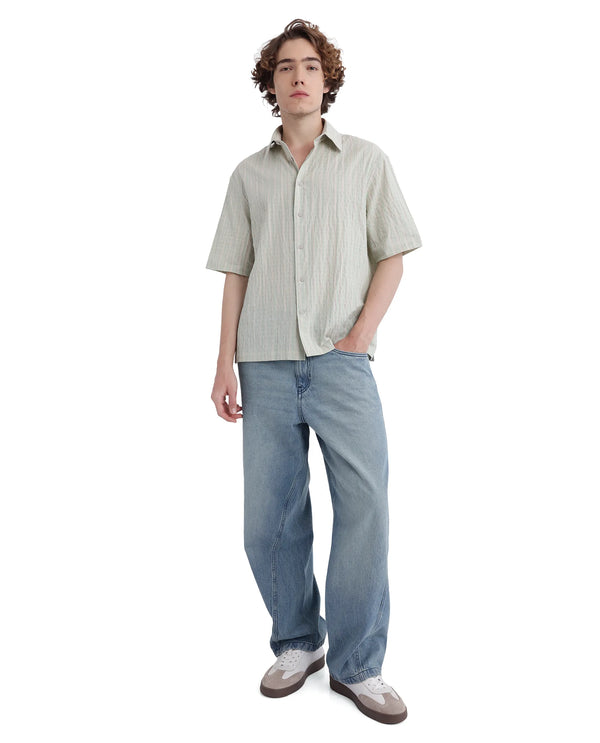 Rare Rabbit Men's Wexder Light Grey  Cotton Fabric Short Sleeve Collared Neck Button Closure Multicolor Printed Shirt